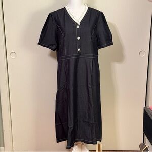 Denim A-Line V-Neckline Midi Dress with Pearl and Crystal Buttons and Decoration